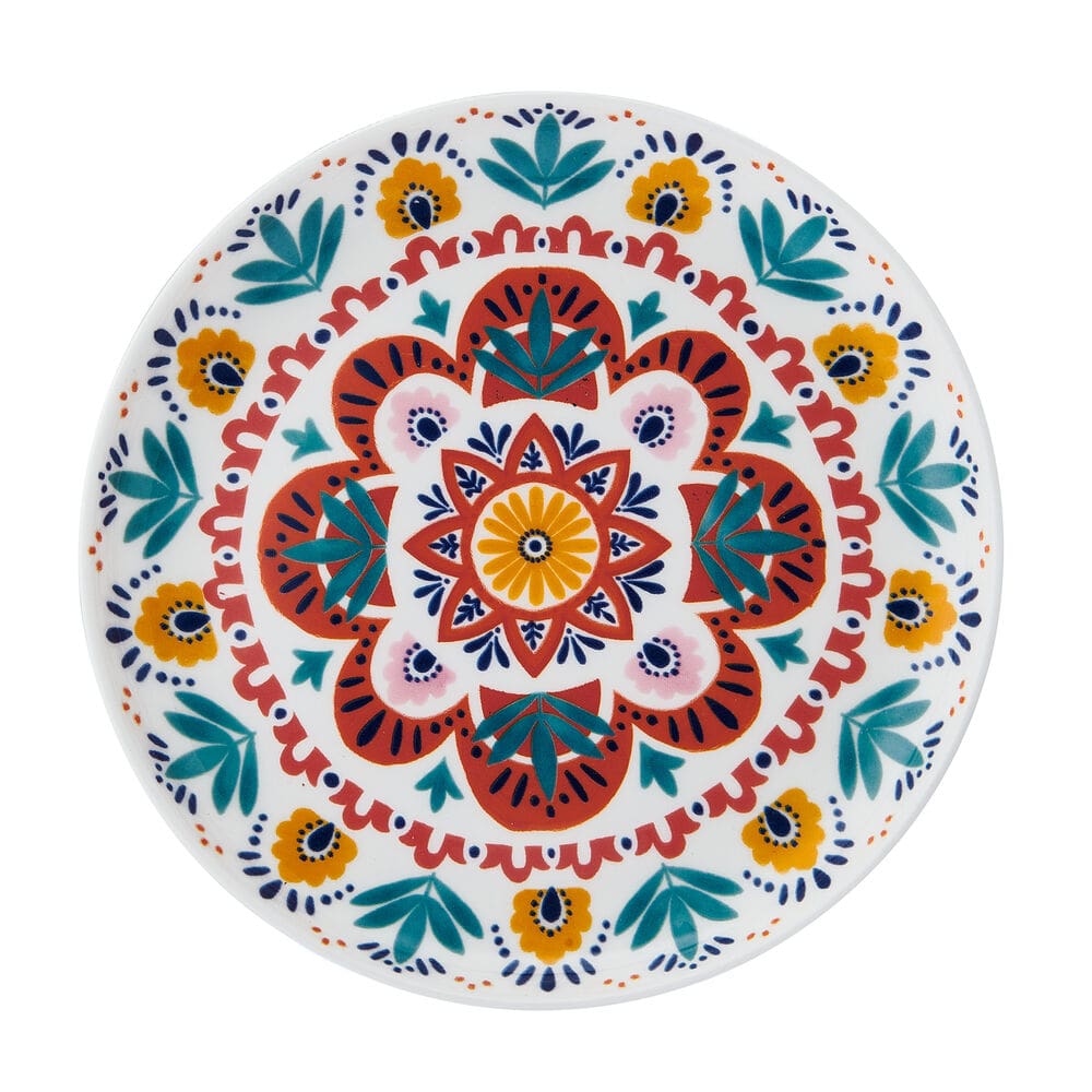 Colorful mandala inspired appetizer plate with red teal blue and yellow accents