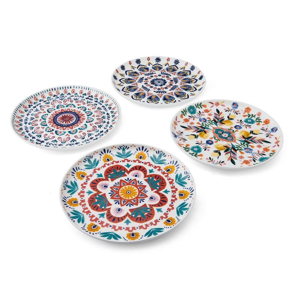 Set of four decorative salad plates with colorful painted medallion patterns