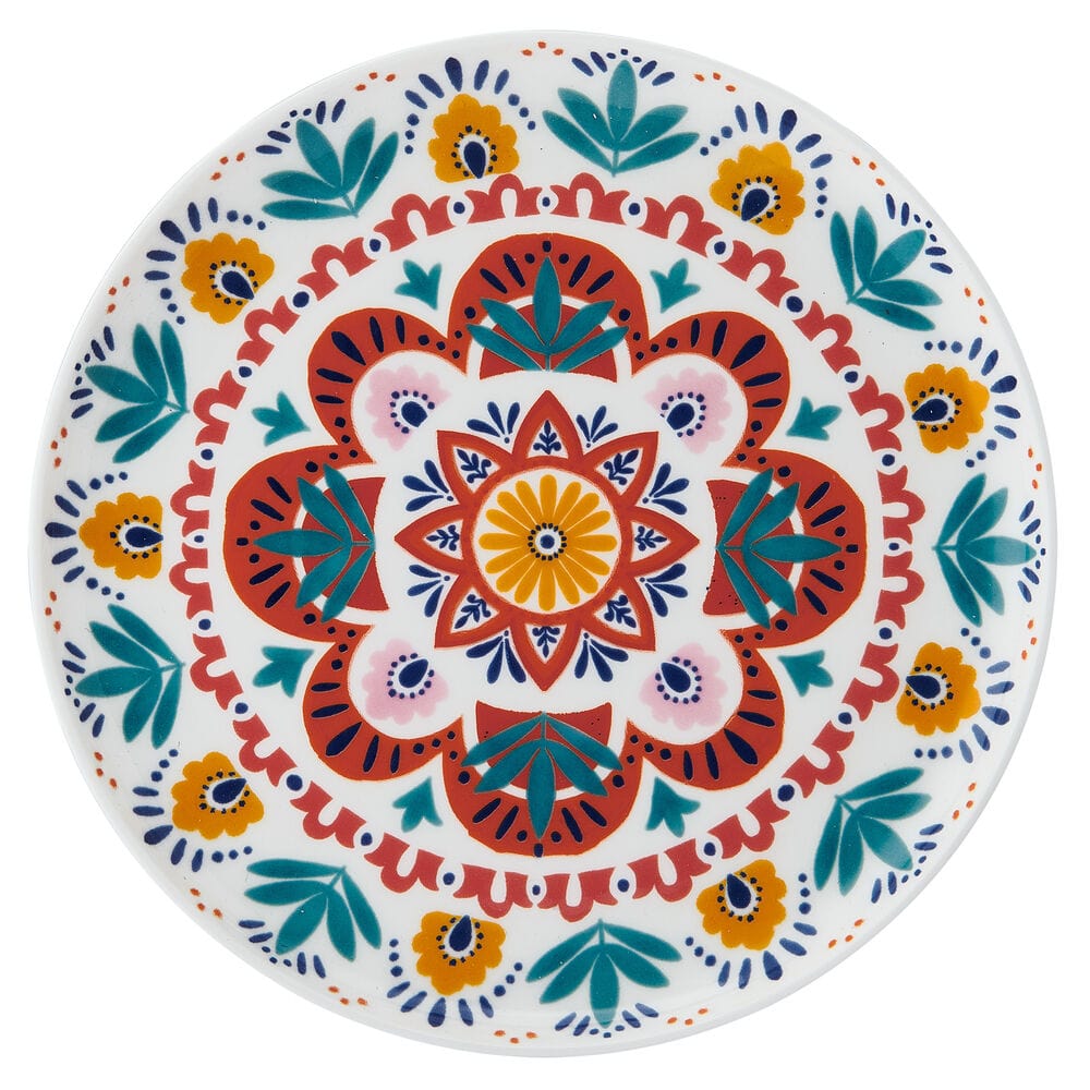 Salad plate from Painted Medallion set featuring a bold red central medallion with teal leaves and a colorful outer border