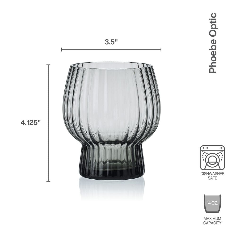 Phoebe Optic Smoke glass shown solo with ribbed body and 14 oz capacity and measurement indicators