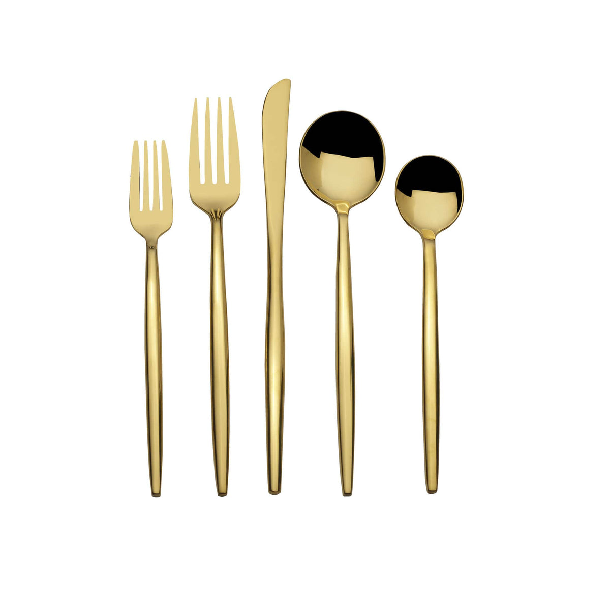 Gold plated flatware pieces aligned in a row against a white background