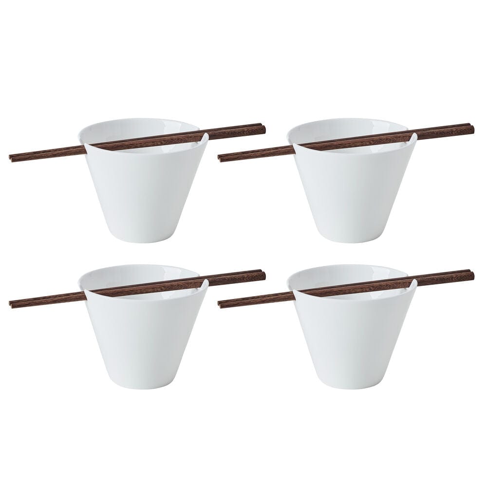 Set of four white noodle bowls with dark wooden chopsticks arranged in a grid.
