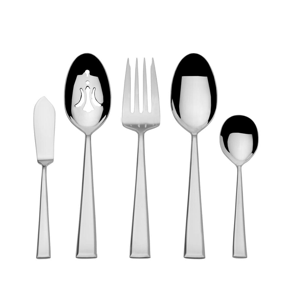 Essex flatware pieces lined up on a plain white background showing knife fork and spoons