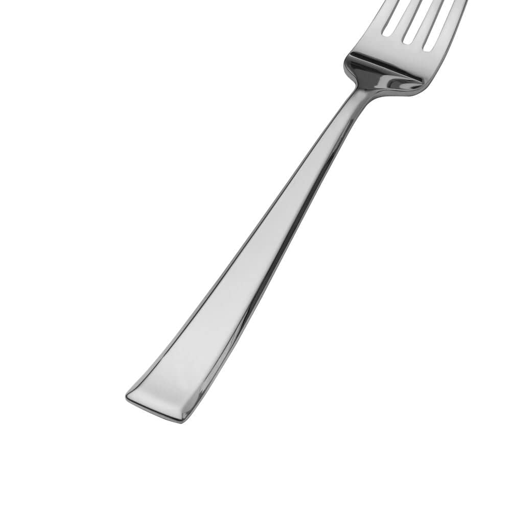Close up of a polished Essex dinner fork with long rectangular handle