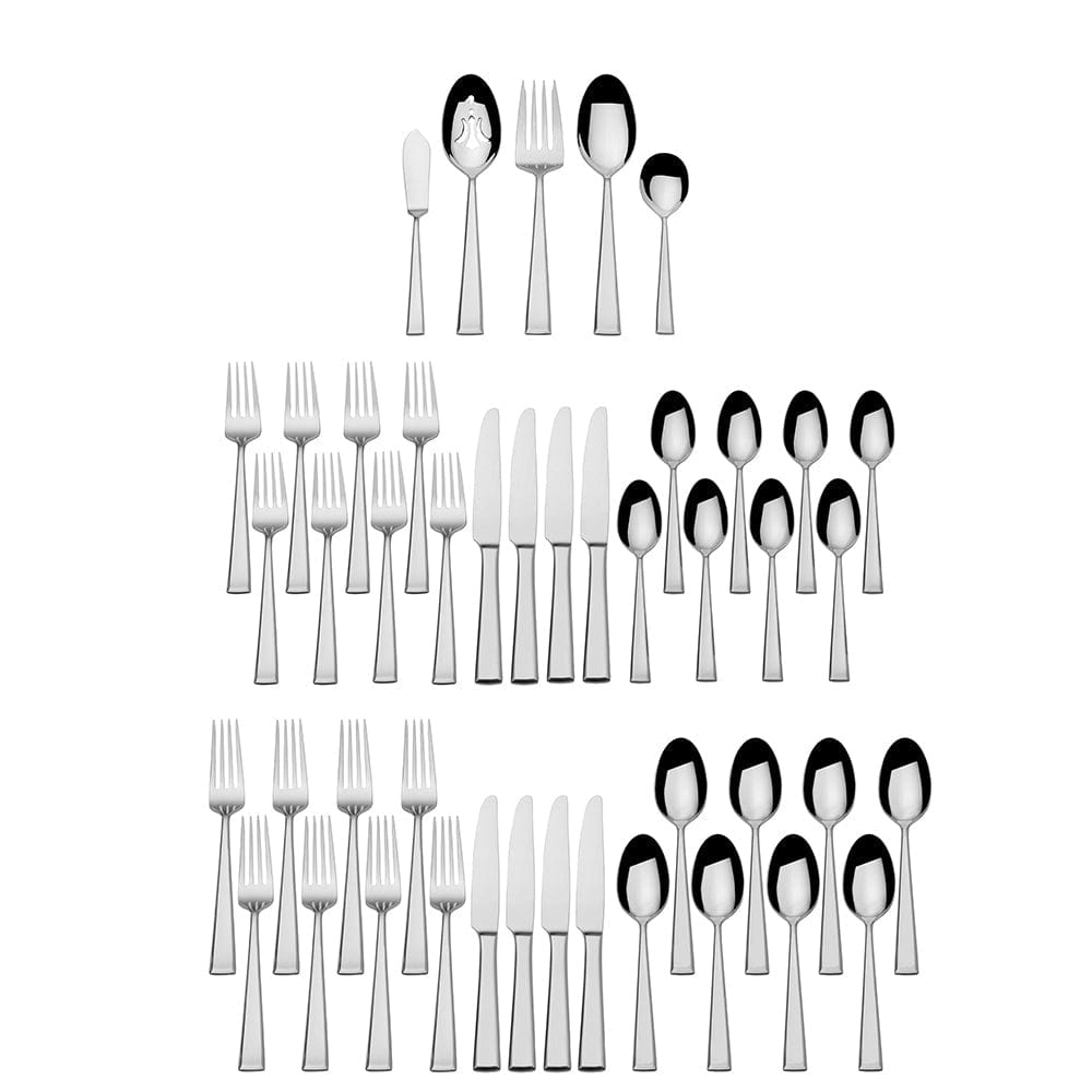 Essex 45 piece flatware set for eight displayed in rows