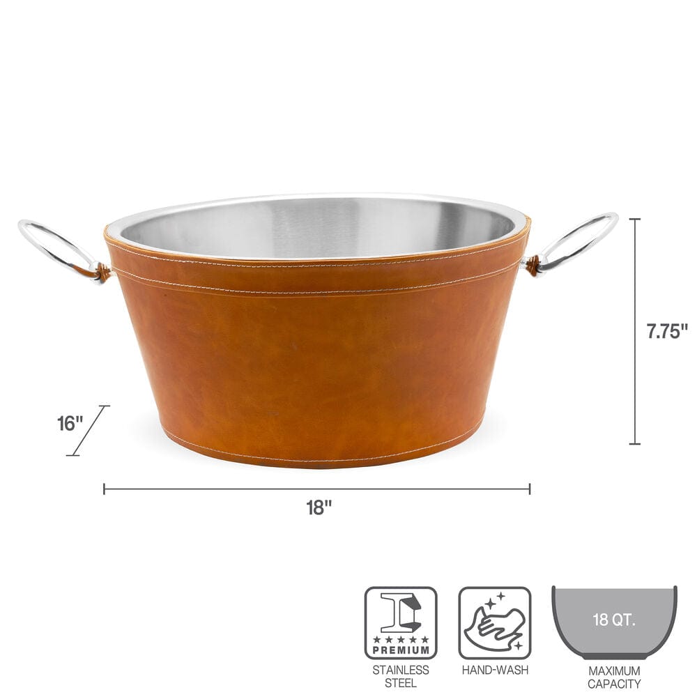 Faux leather beverage tub with stainless steel interior and two metal handles, shown with dimensions 18 inches wide and 7.75 inches tall.