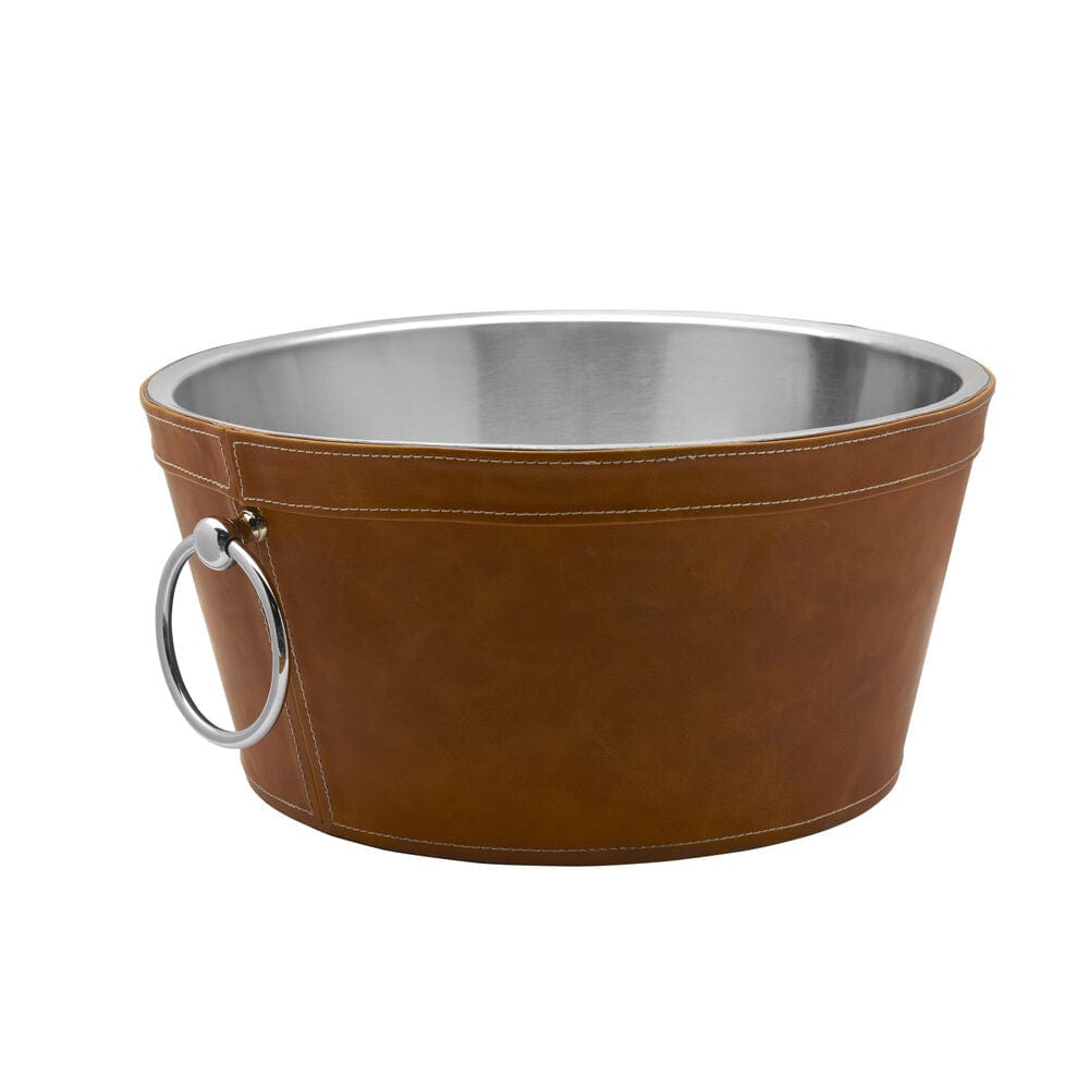 Brown faux leather beverage tub with stitched seams, metal interior, and a side ring handle.
