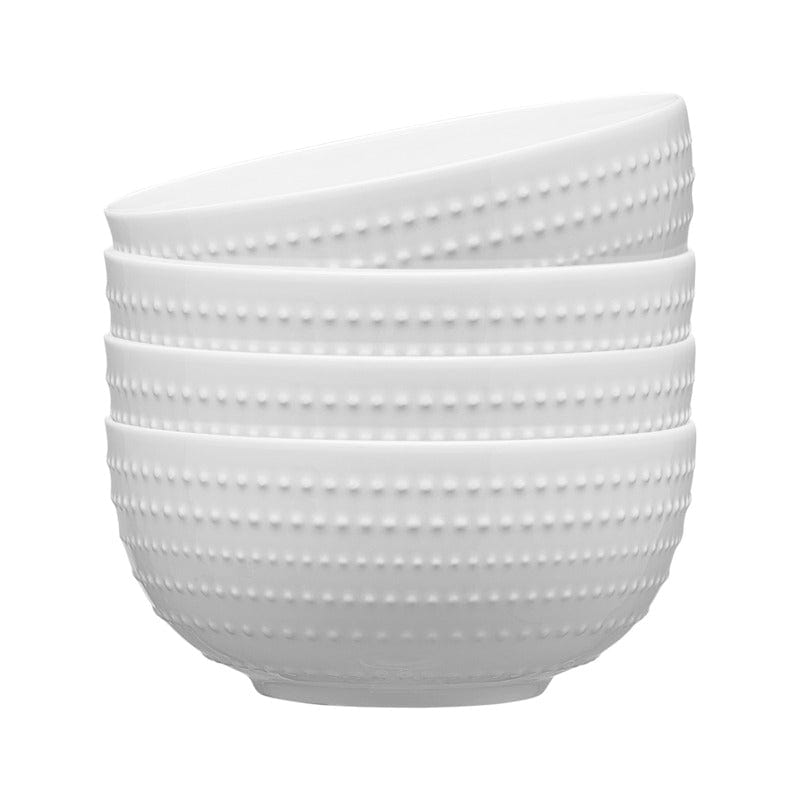 Stack of four white Nellie soup cereal bowls with a dotted pattern.
