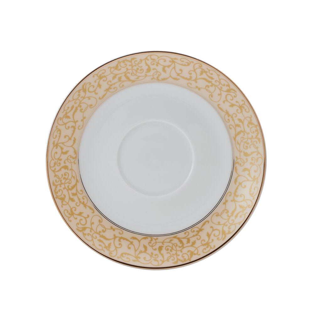 Top view of a dinner plate showcasing the gold parchment patterned rim