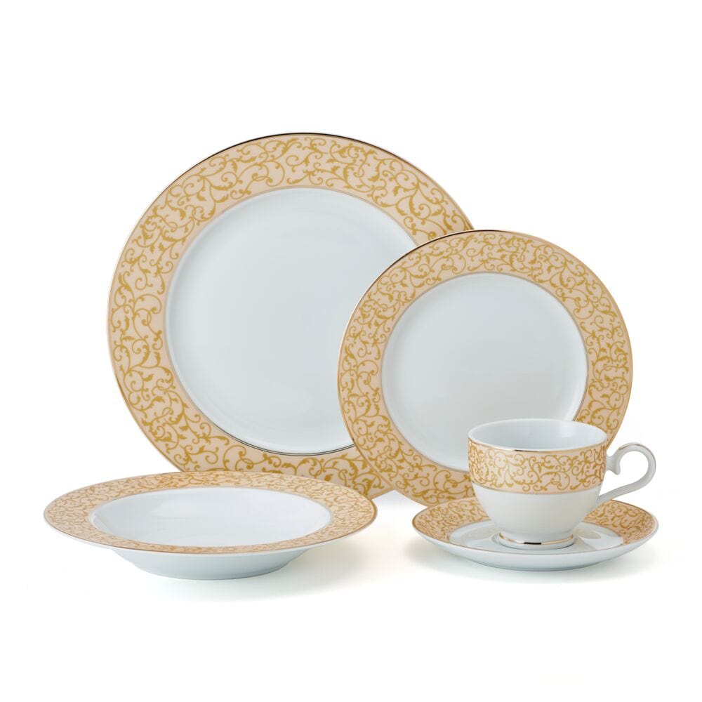 Parchment Gold dinnerware set for eight including two large plates a small plate and a cup with saucer.