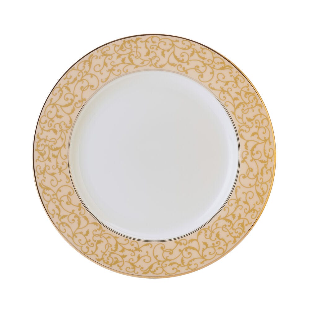 Round dinner plate with ornate gold parchment border from the Parchment Gold service for 8