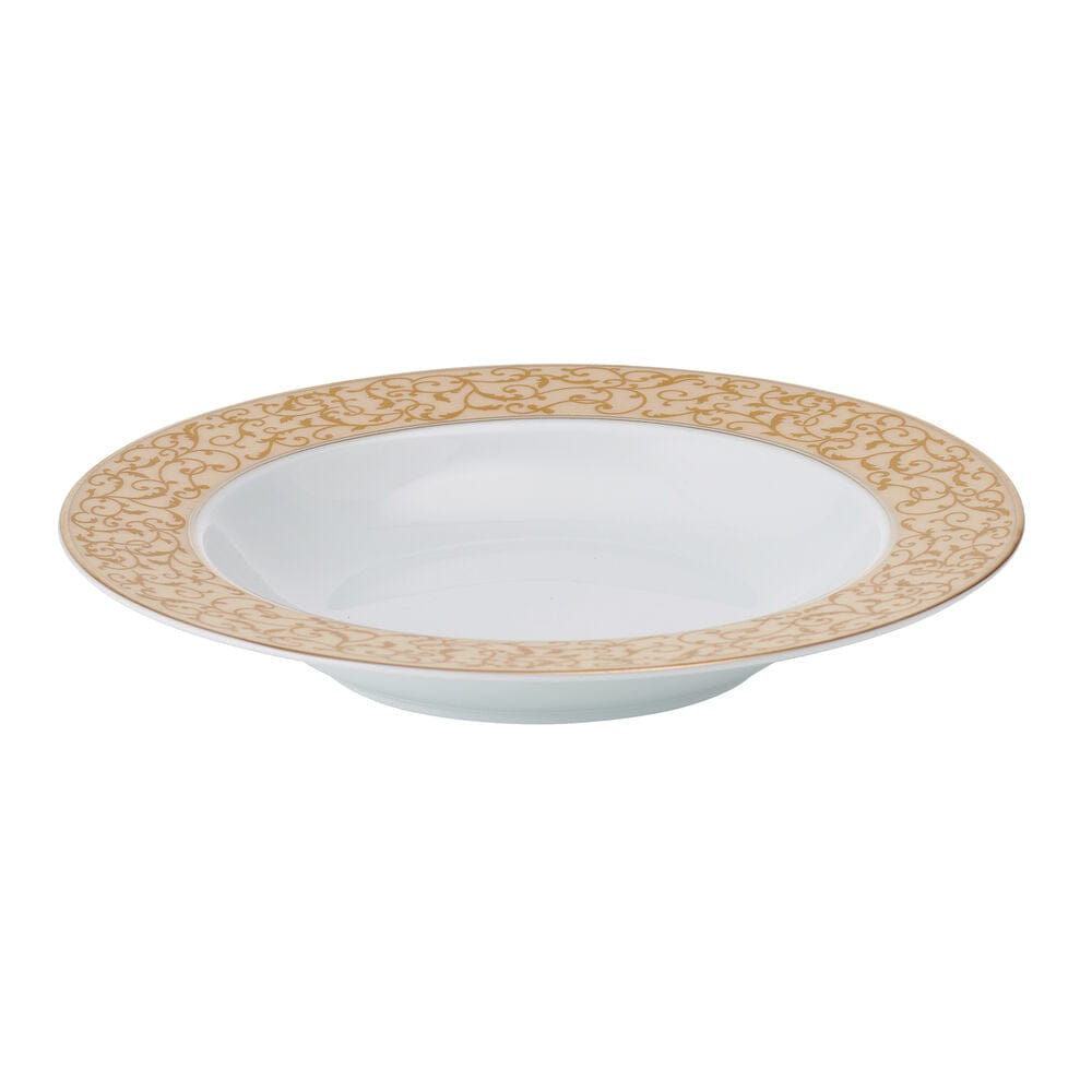 Shallow bowl with a wide gold parchment border from the Parchment Gold dinnerware set