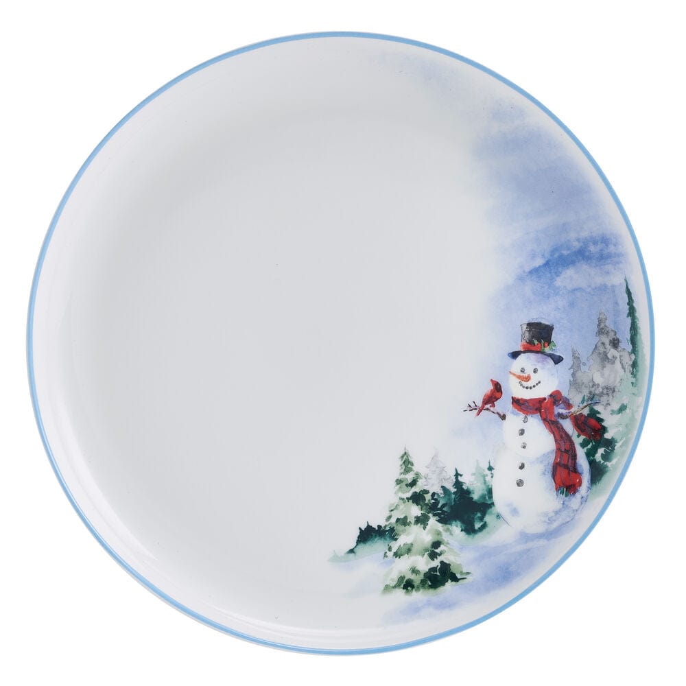 Snowman Forest dinner plate with a pale blue rim and a winter scene along the edge
