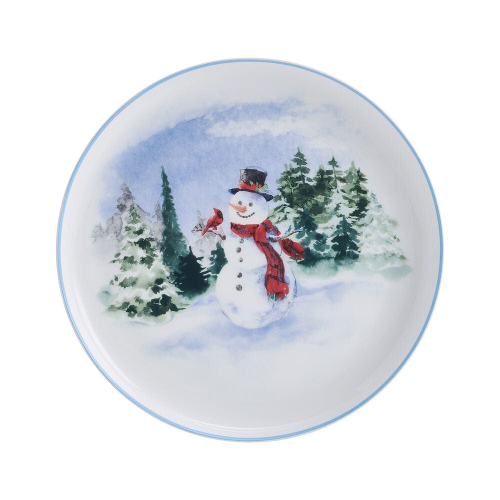 Snowman Forest dinner plate featuring a snowman and evergreen trees on a white background