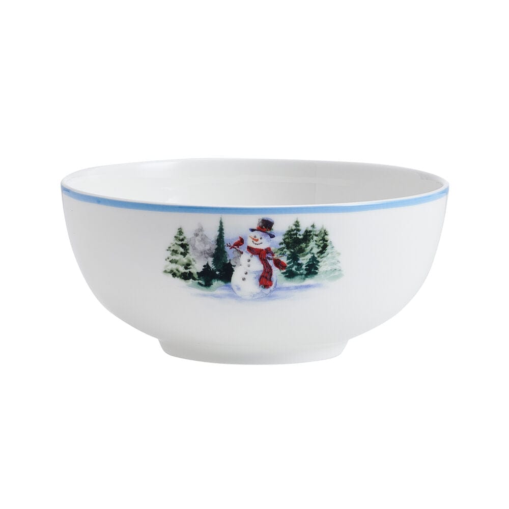 Snowman Forest ceramic bowl with a winter scene around the exterior