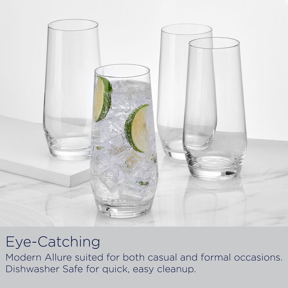 Set of four empty Samantha highball glasses arranged on a white surface.