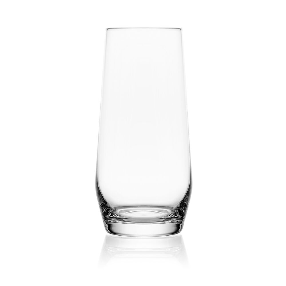 Tall clear highball glass from the Samantha set against a white background