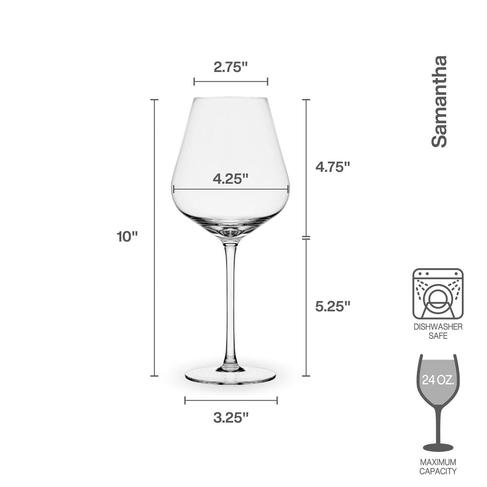 Samantha wine glass with a dimensional diagram showing height and bowl width.