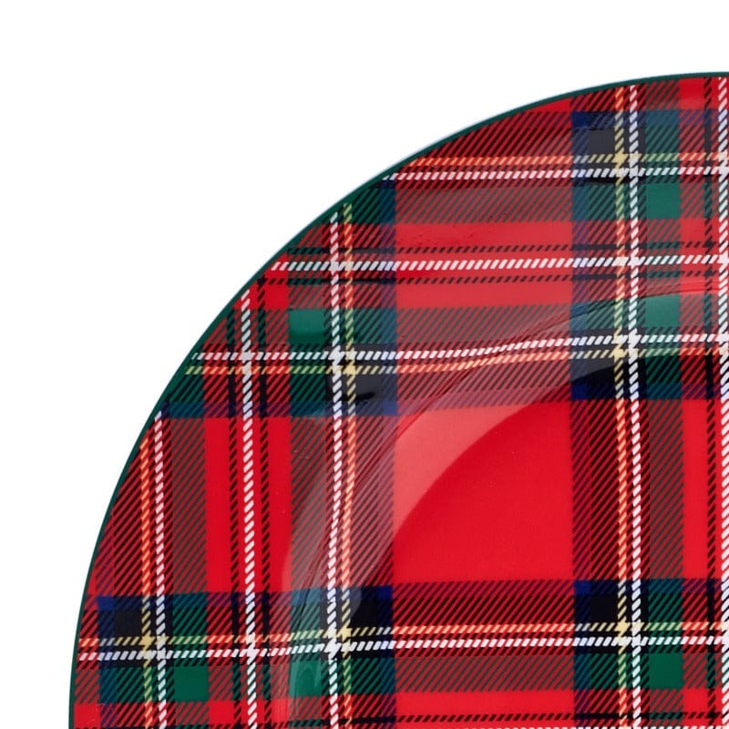 Close-up of a red tartan plaid plate edge showing glossy finish