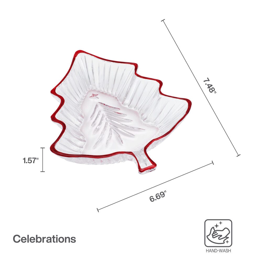 Leaf shaped glass candy dish with red rim