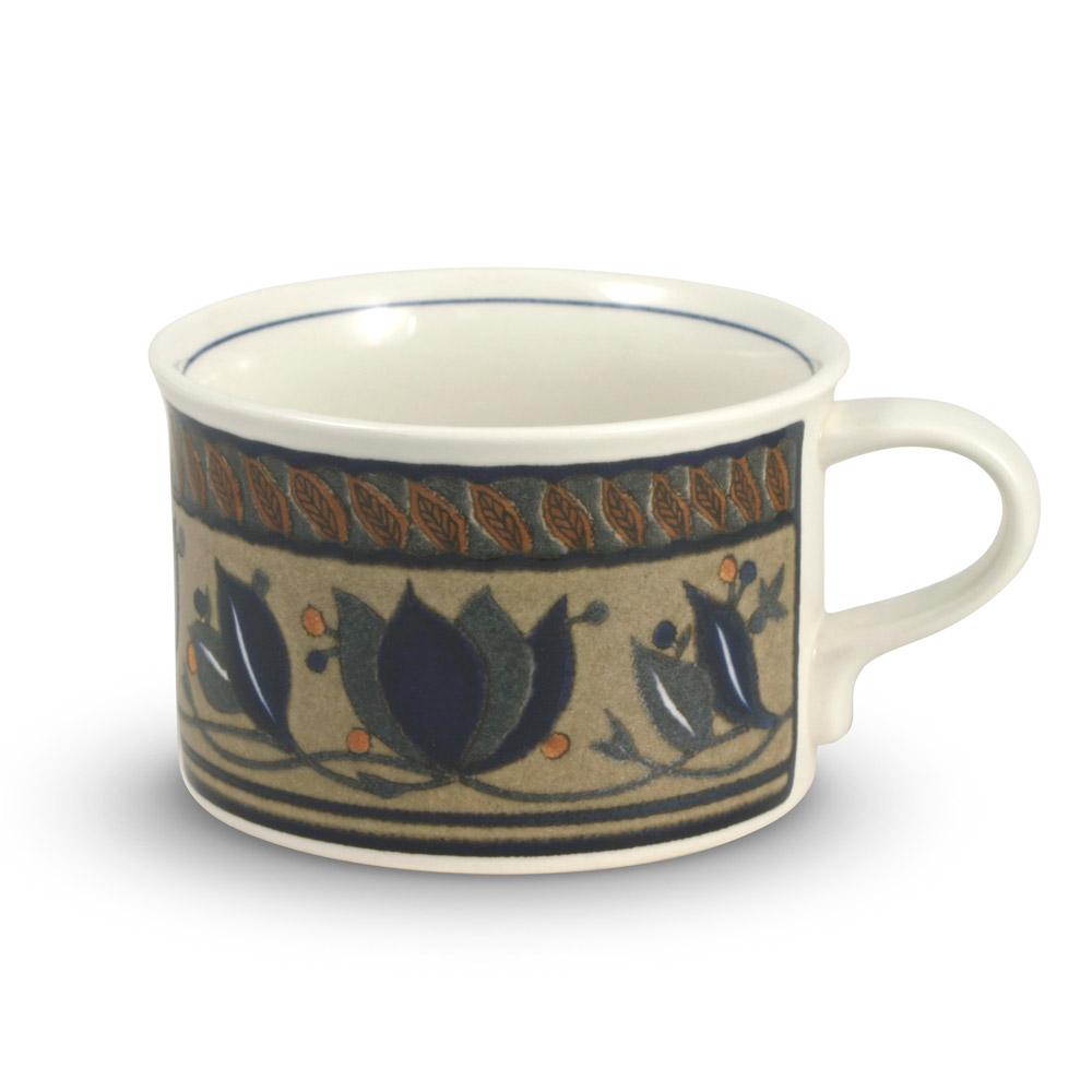 Arabella Tea Cup with blue botanical band on ivory background.
