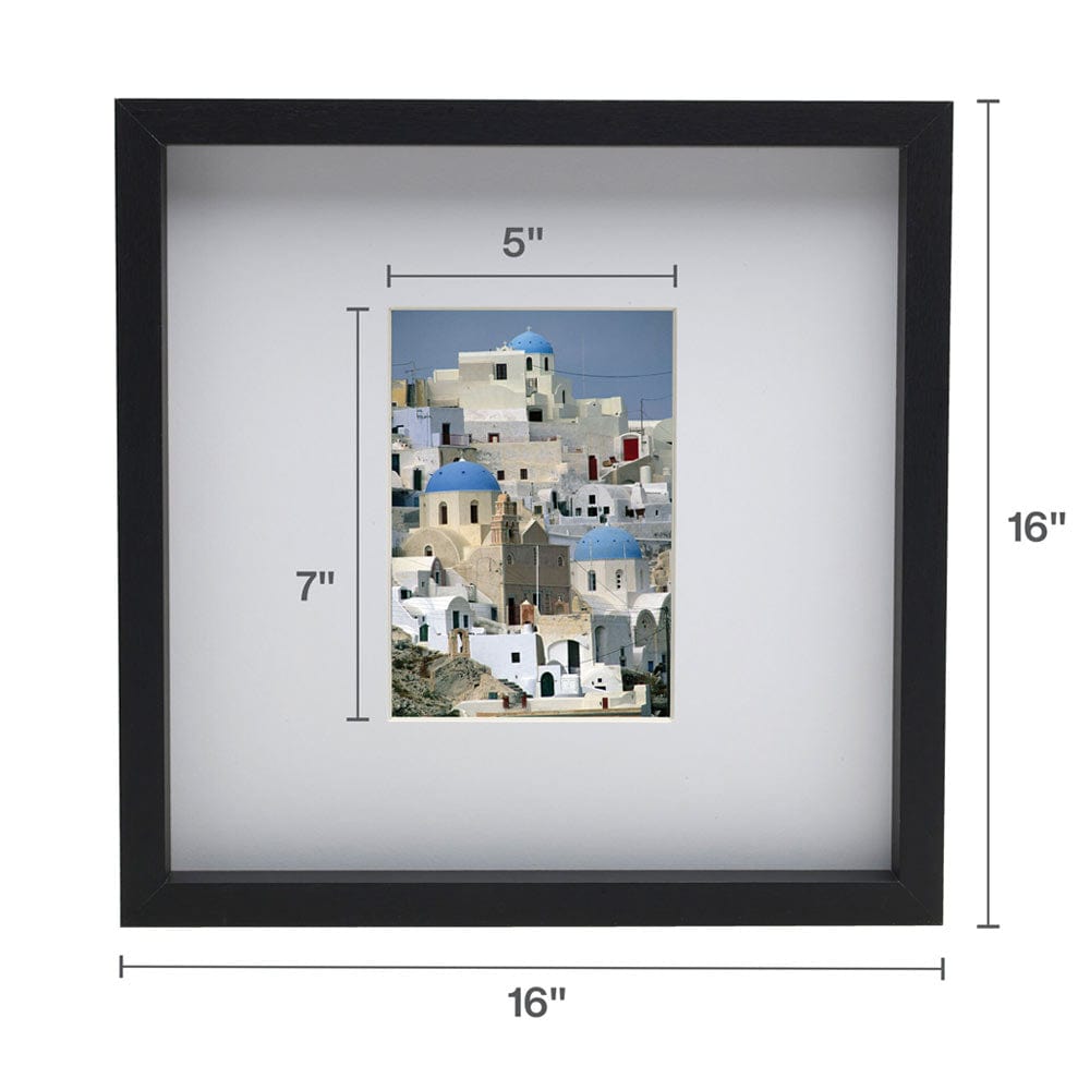 Black 16x16 gallery frame with a white mat displaying a vertical 5x7 photo.