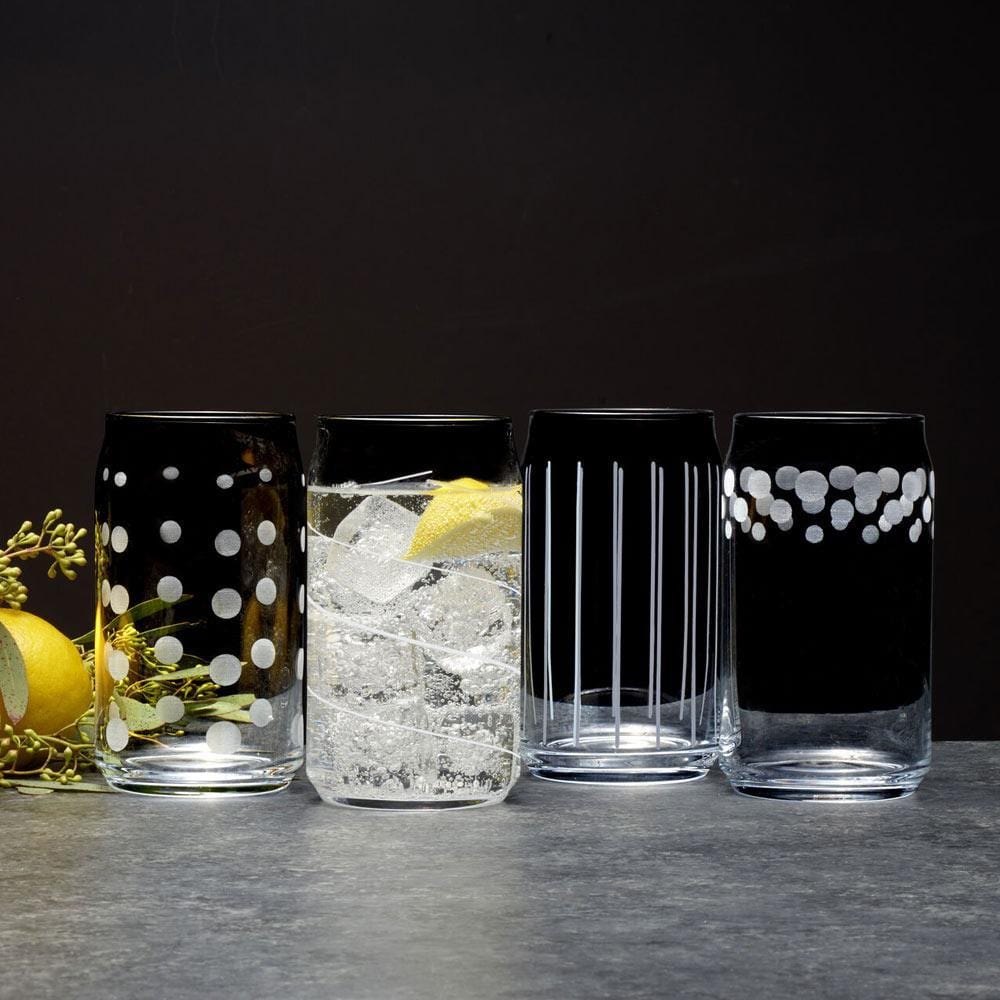Cheers Set of 4 Seltzer Glasses in a row featuring polka dots ice and lemon droplets vertical stripes and a dotted band near the rim