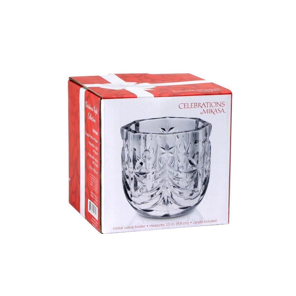 Christmas Night crystal votive holder packaged in a red gift box with a white ribbon design