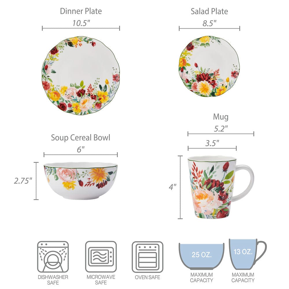 Clara 16 piece dinnerware set service for four shown with floral border dinner plate salad plate bowl and mug illustrating sizes