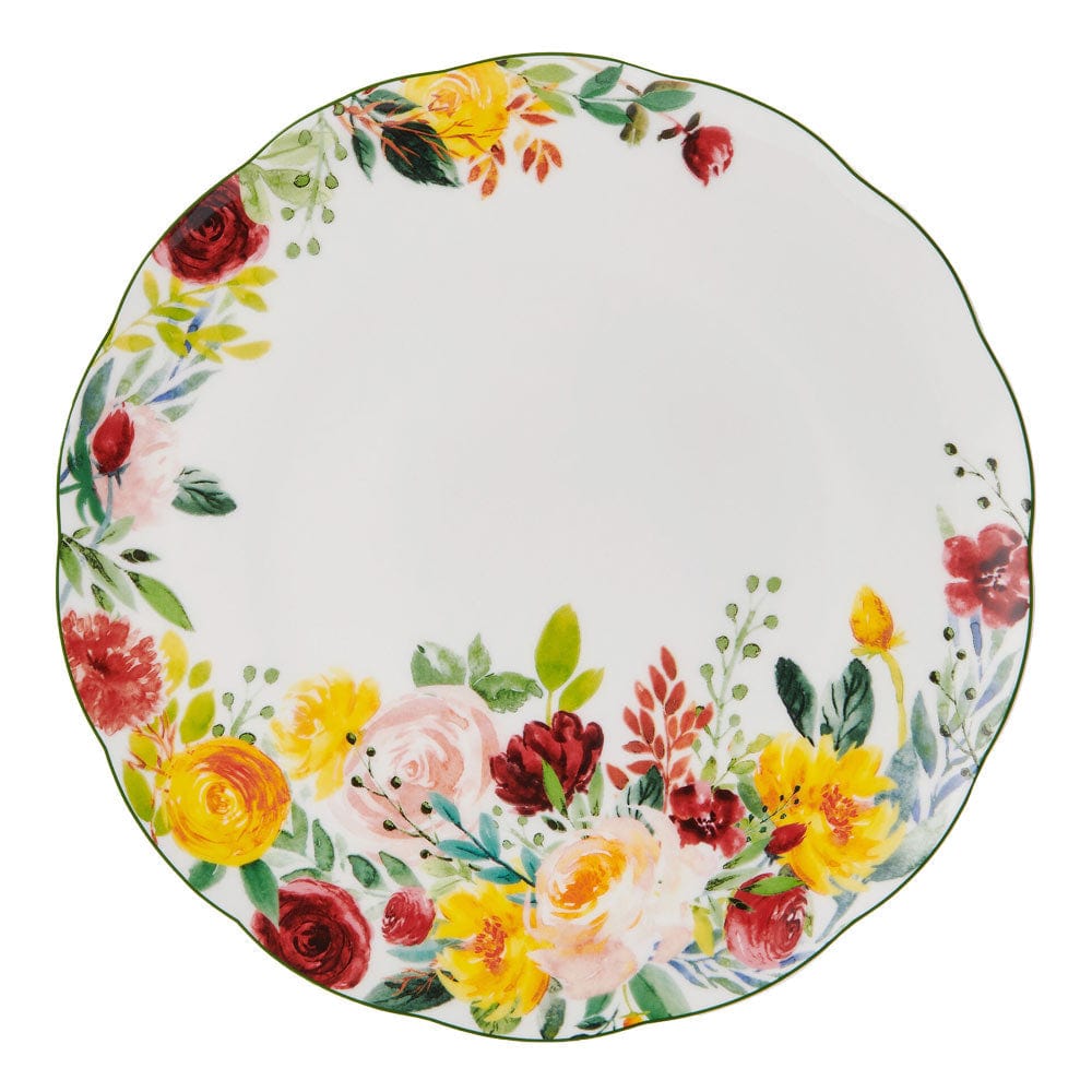 Close up of Clara dinner plate with a colorful floral border along the rim