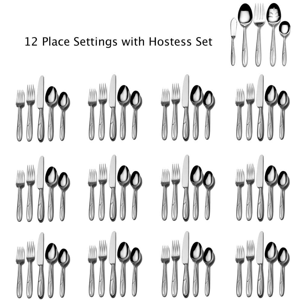 Illustration of twelve Cocoa Blossom flatware place settings with hostess set