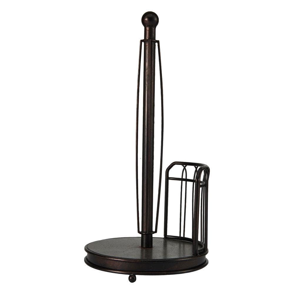 Bronze finish countryside paper towel holder featuring a tall central post a circular base and a side wire cradle.
