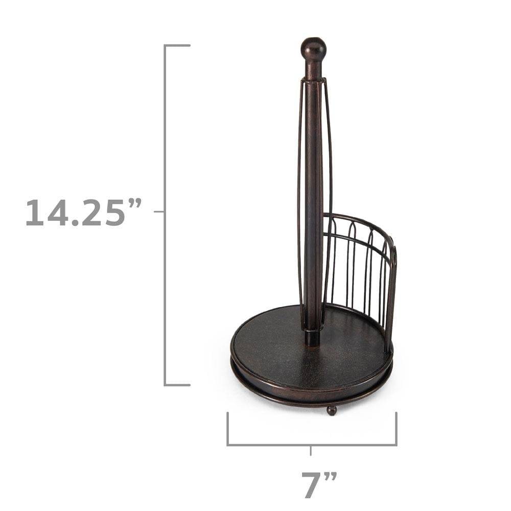 Bronze countryside paper towel holder with dimensions showing height 14.25 inches and base width 7 inches.