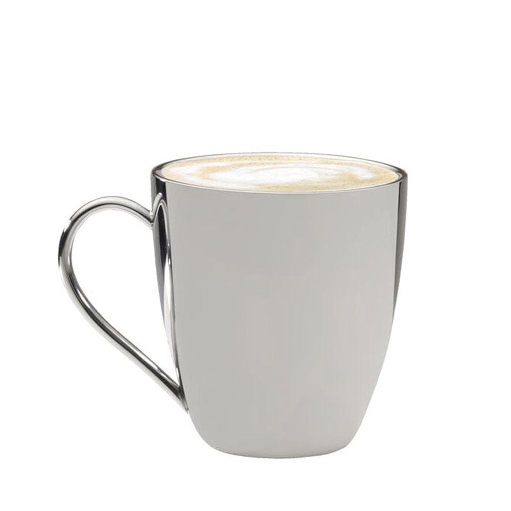 Polished double wall stainless steel mug with a curved handle and a latte topping.