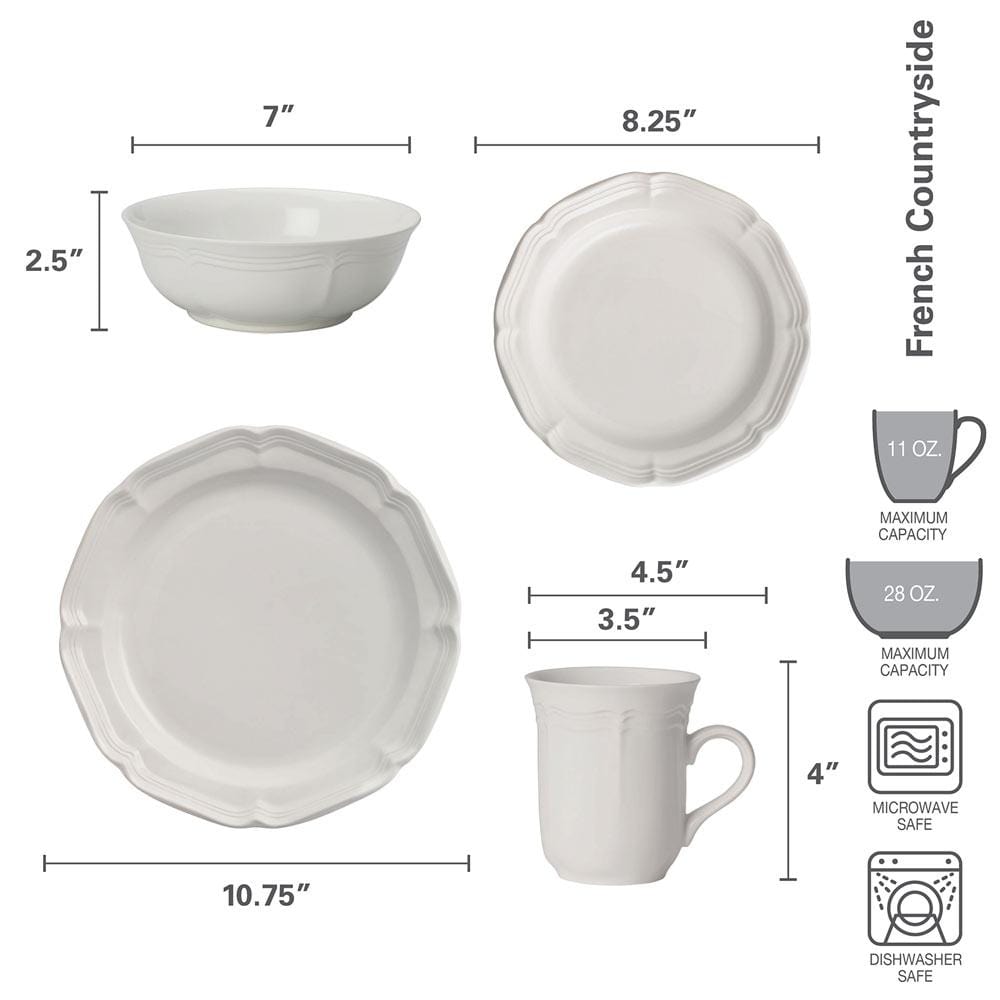 French Countryside dinnerware service for four shown with large and small plates a bowl and a mug