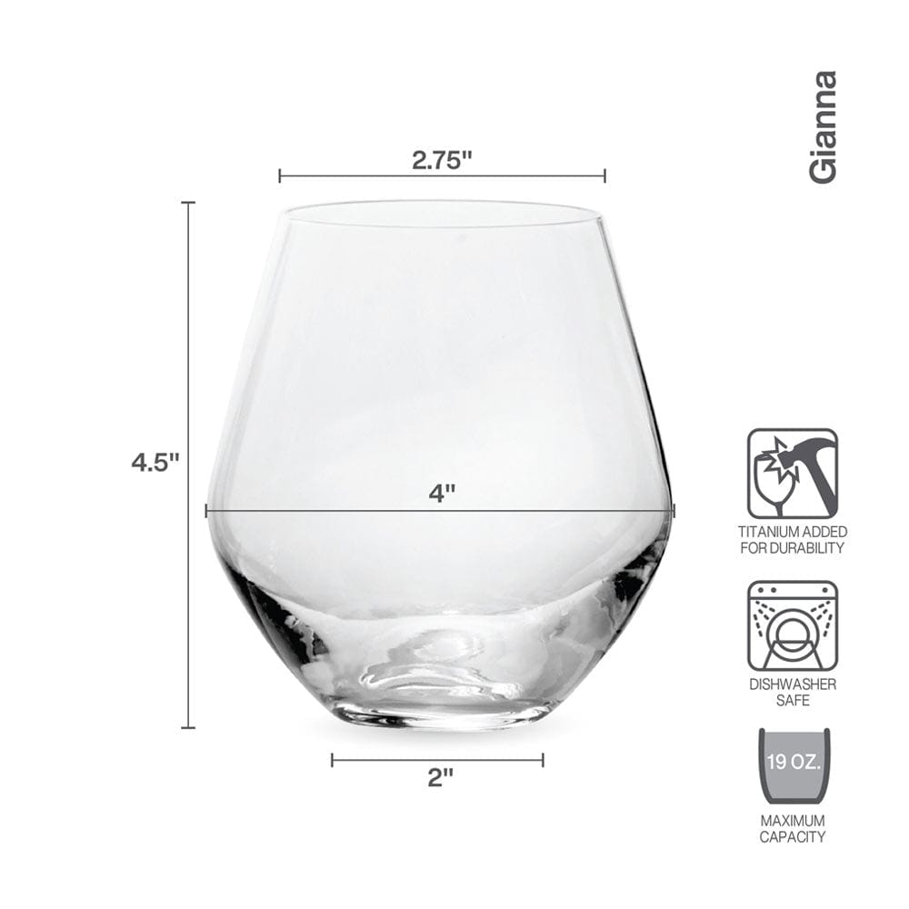 Clear stemless wine glass with measurement diagram showing 4 inch height and 2.75 inch top diameter.