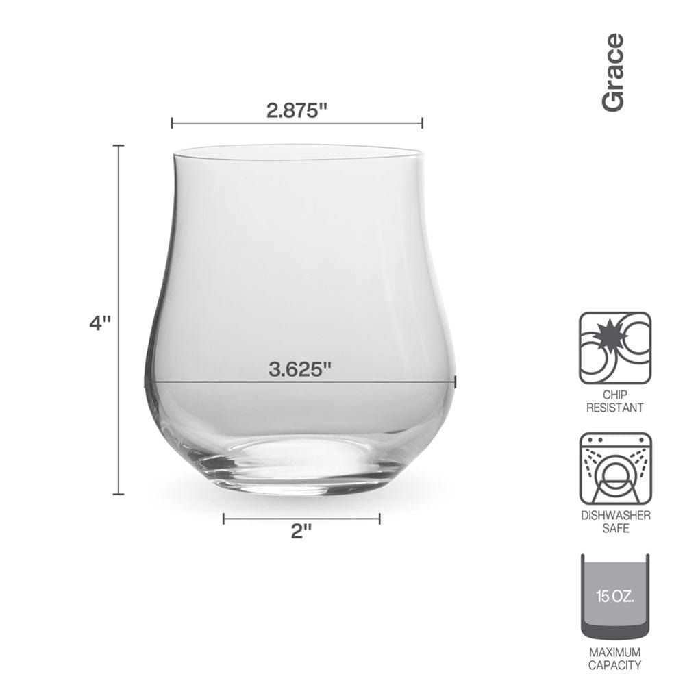 Grace glass measurement diagram showing height and diameter with chip resistant and dishwasher safe icons