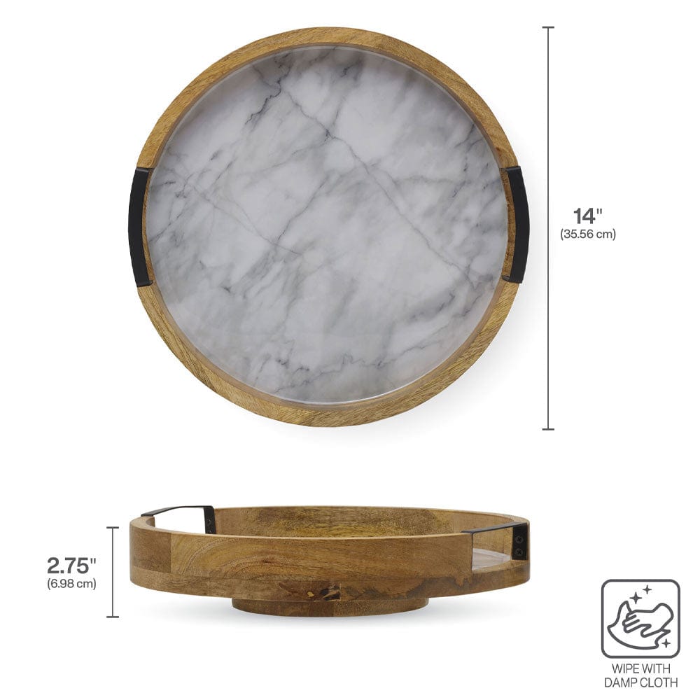 Top view of a 14 inch round marble Lazy Susan with a wood rim and black side grips.