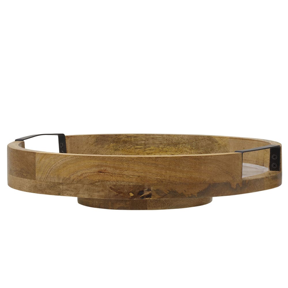 Side view of a round wood Lazy Susan with metal supports and black handles.