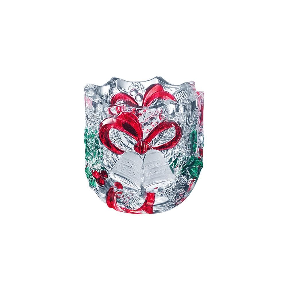Clear glass votive with embossed holiday bells and red ribbon motif