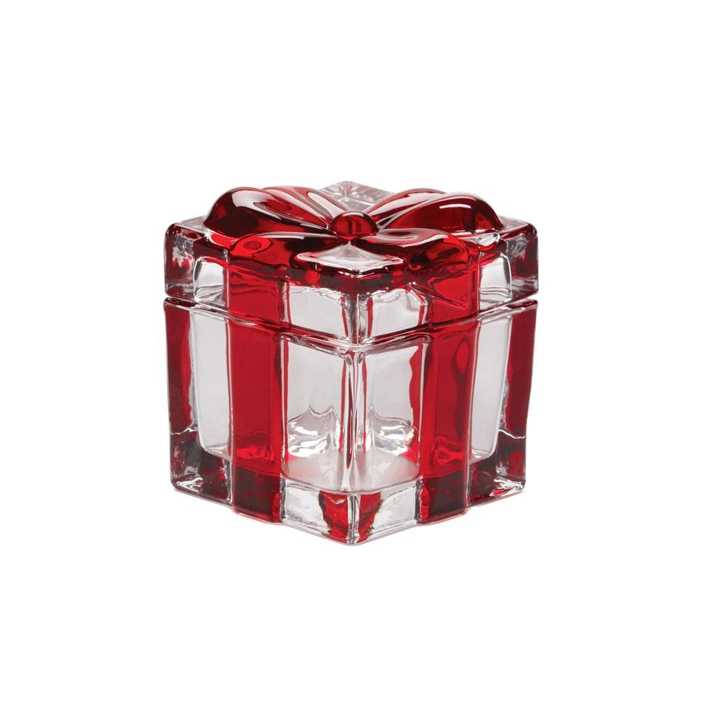 Large red glass covered gift box with clear panels on a white background.