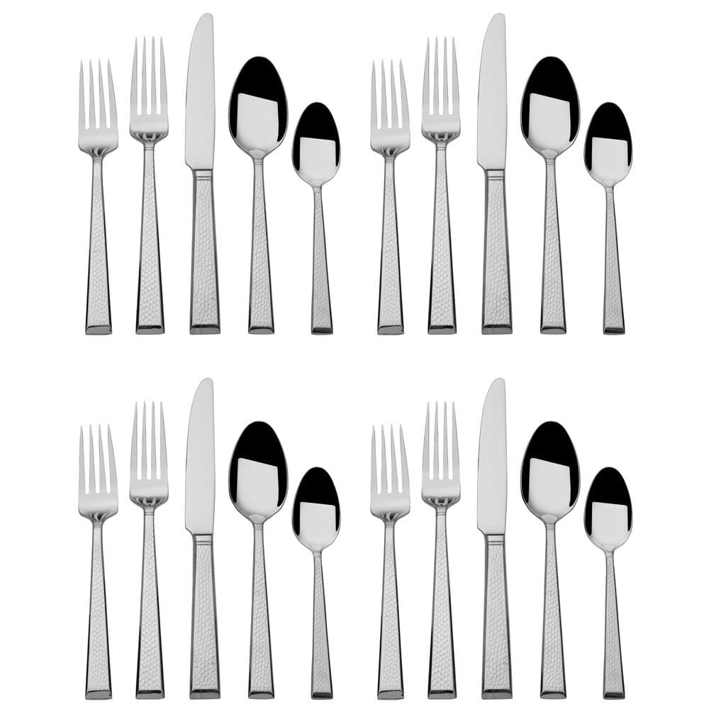 Kyler 20 piece flatware set for four with hammered stainless steel handles arranged in two place settings