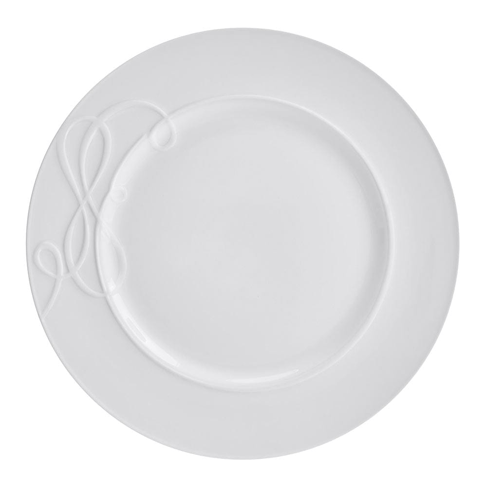 Overhead view of white Love Story dinner plate with embossed loop detail on the left edge