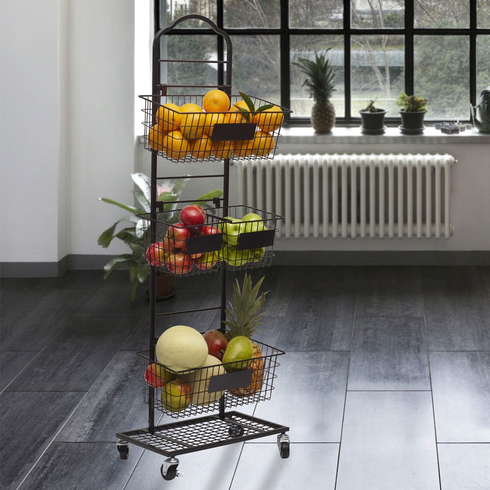 Mercato three tier adjustable storage rack on wheels with wire baskets and chalkboard plates filled with fruit and produce