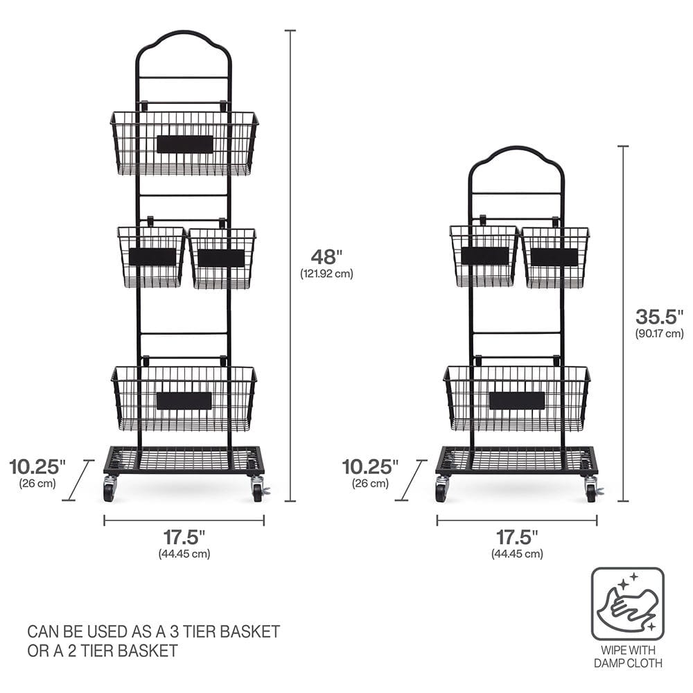 Mercato 3 tier adjustable storage rack with chalkboard plates and wire baskets on a wheeled base