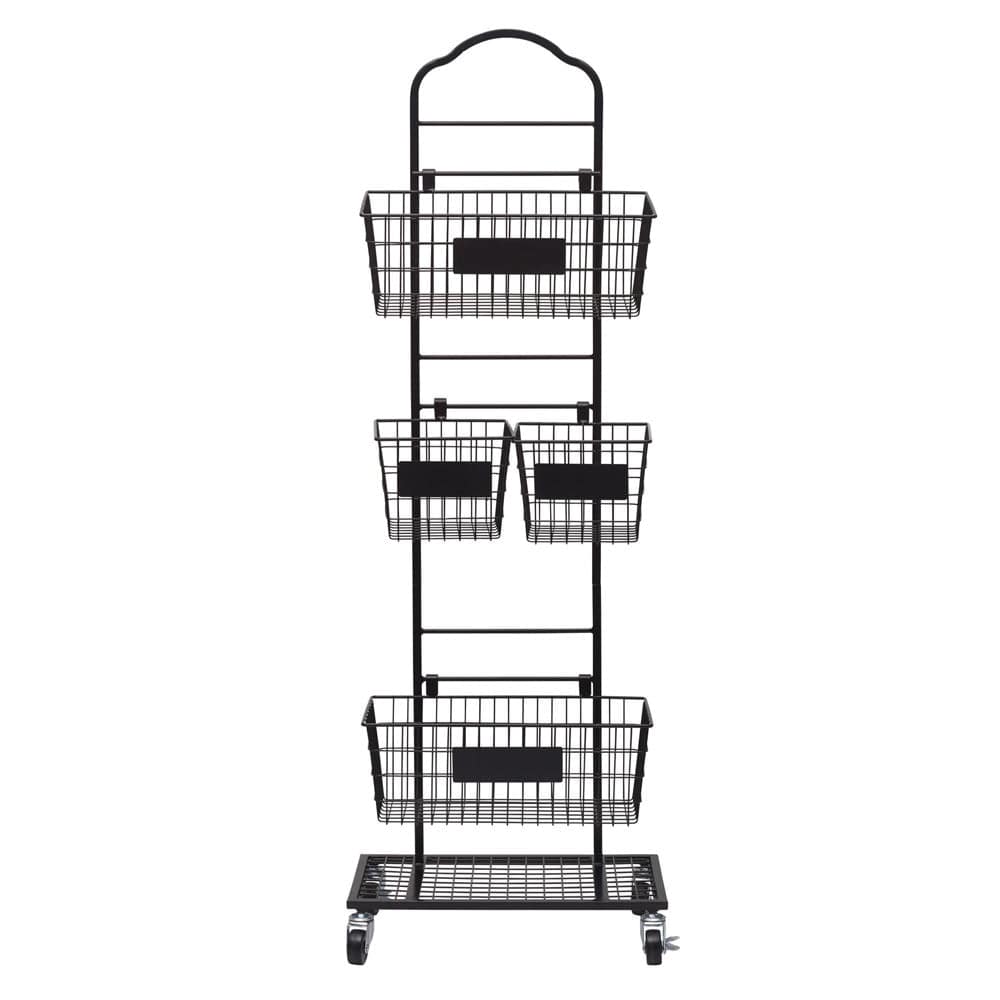Front view of Mercato 3 tier rack showing two upper baskets and a larger bottom basket with chalkboard labels