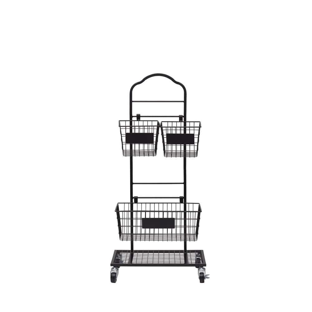 Mercato 3 tier rack with chalkboard plates on baskets viewed head on with wheels on a sturdy base