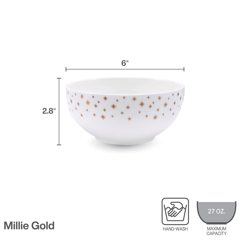 Six inch white Millie Gold bowl with gold star pattern and 27 oz capacity