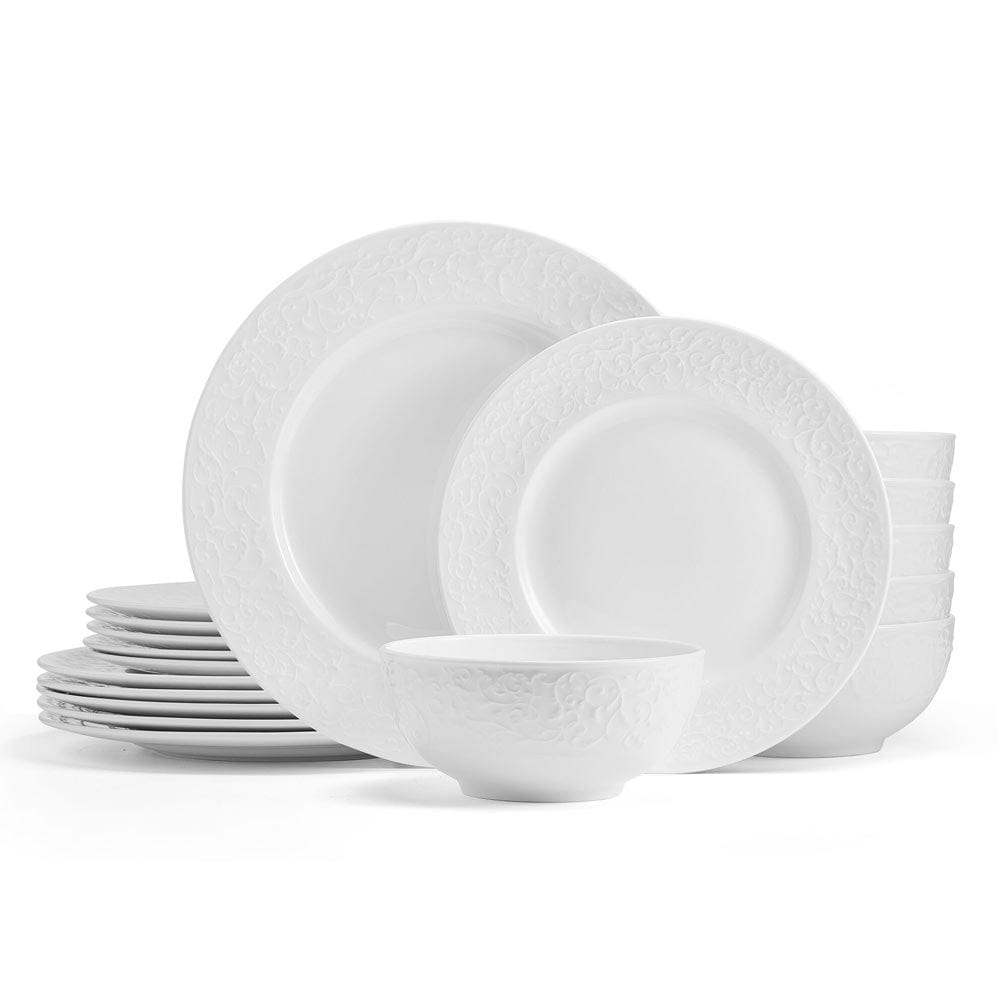 Parchment White 18 piece dinnerware set for six with embossed floral rims