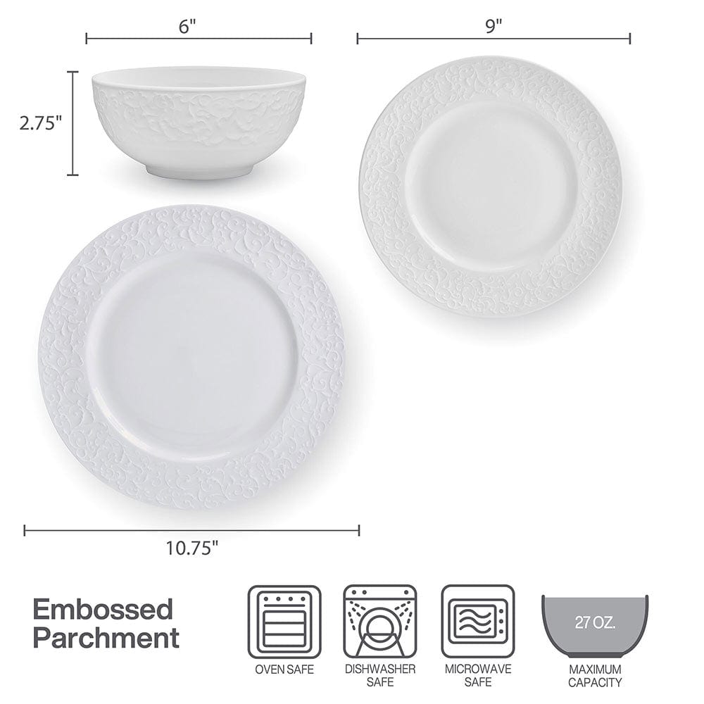 Dimensions diagram for embossed parchment dinnerware showing bowl and plate sizes with care icons.